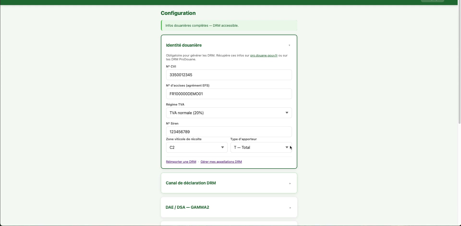 Écran Vinia : configuration de l'identité douanière, CVI et n° d'accises