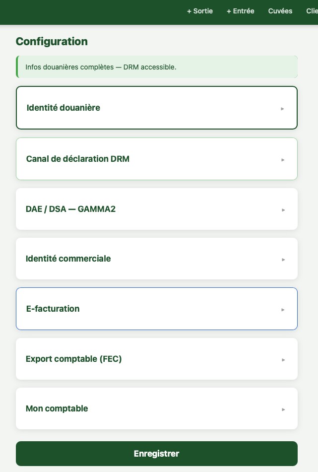 Écran de configuration Vinia : identité douanière, DRM, e-facturation, export comptable
